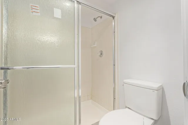 a bathroom with a shower and a toilet