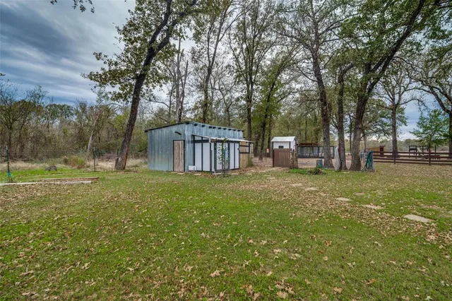 a view of a park with large trees