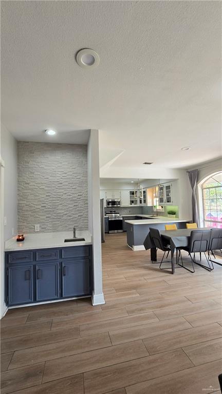 2202 Colorado Street Mission, TX 78572 - Photo 7 of 19 Bar area with glass fronted cabinets, light wood-style flooring, stainless steel appliances, blue cabinets, and a textured ceiling