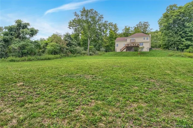 a view of a big yard with potted plants and large trees