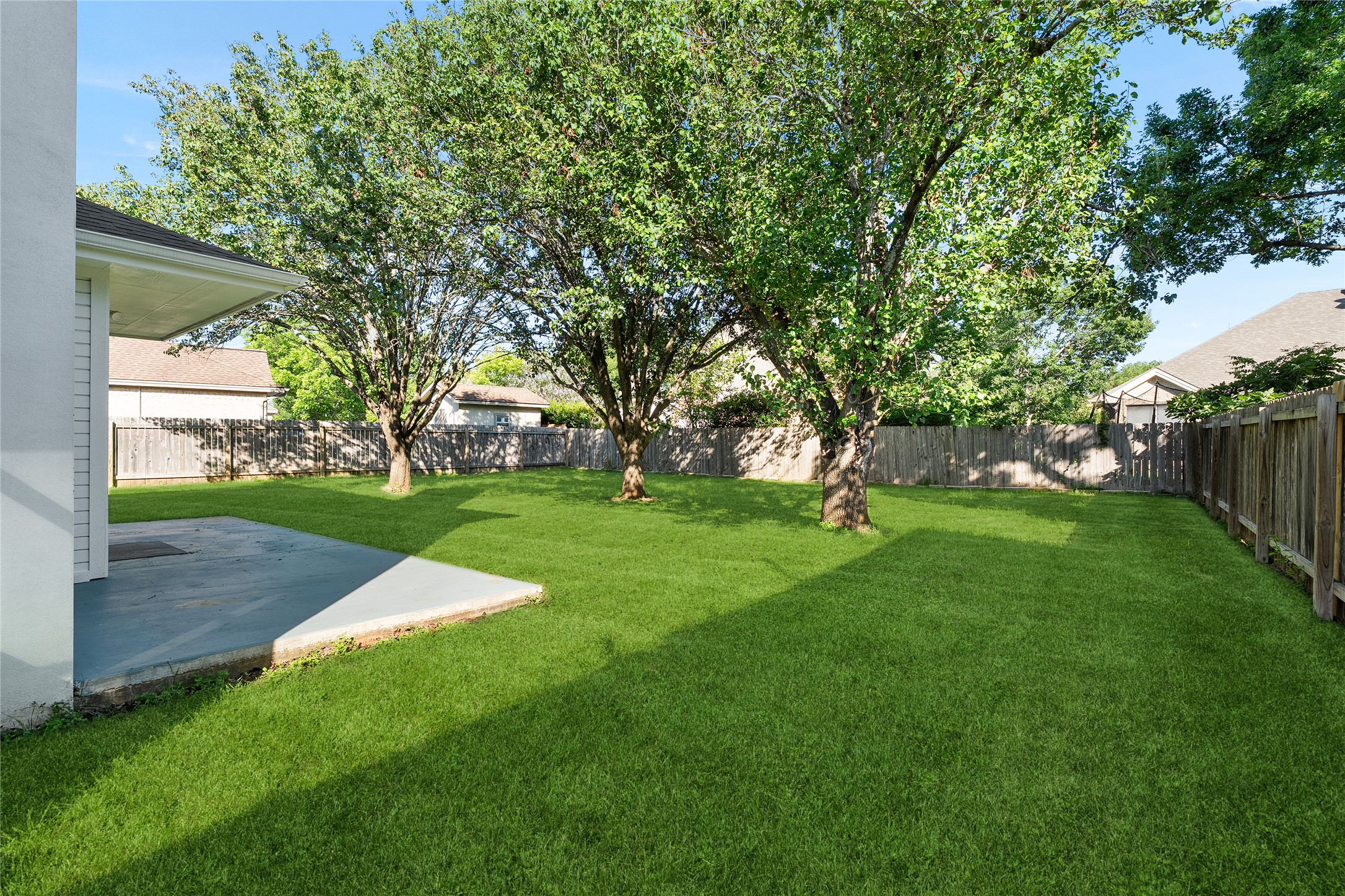 206 River Down Road Georgetown, TX 78628 - Photo 35 of 39 Expansive backyard featuring a large concrete patio, mature trees providing natural shade, a wood privacy fence, and a generous grassy area