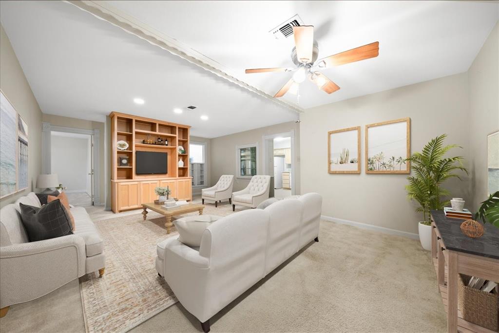 101 North 7th Street Krum, TX 76249 - Photo 6 of 26 Living area featuring light carpet, ceiling fan, and recessed lighting