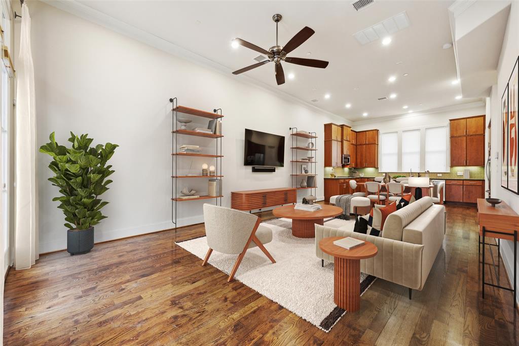 2134 Canton Street Dallas, TX 75201 - Photo 6 of 34 Living room with a ceiling fan, dark wood finished floors, crown molding, and recessed lighting