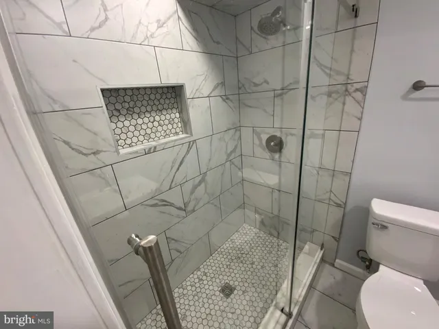 a bathroom with a toilet and a shower