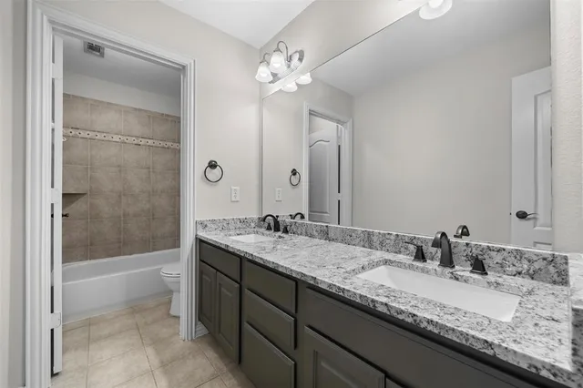 a bathroom with a granite countertop sink and cabinets