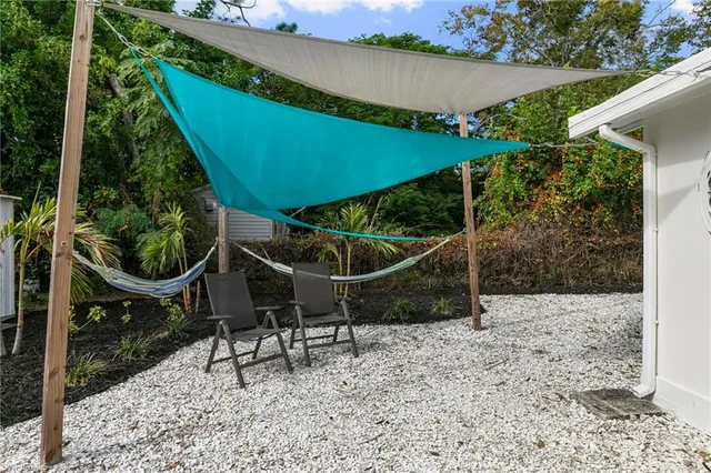 front view of a house with a patio