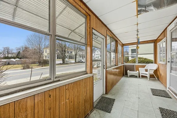 a building outdoor space with seating