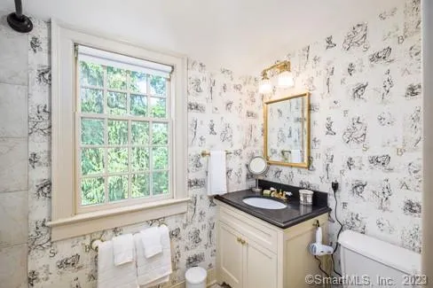 a bathroom with a granite countertop sink a toilet and a shower curtain