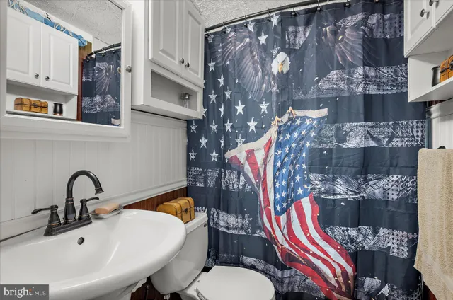 a bathroom with a sink and mirror with toilet