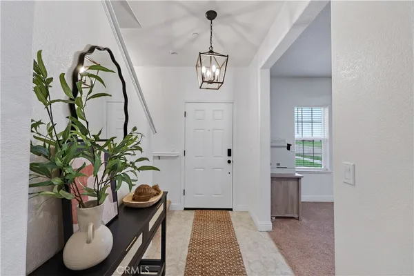 a dining room with furniture potted plants and wooden floor