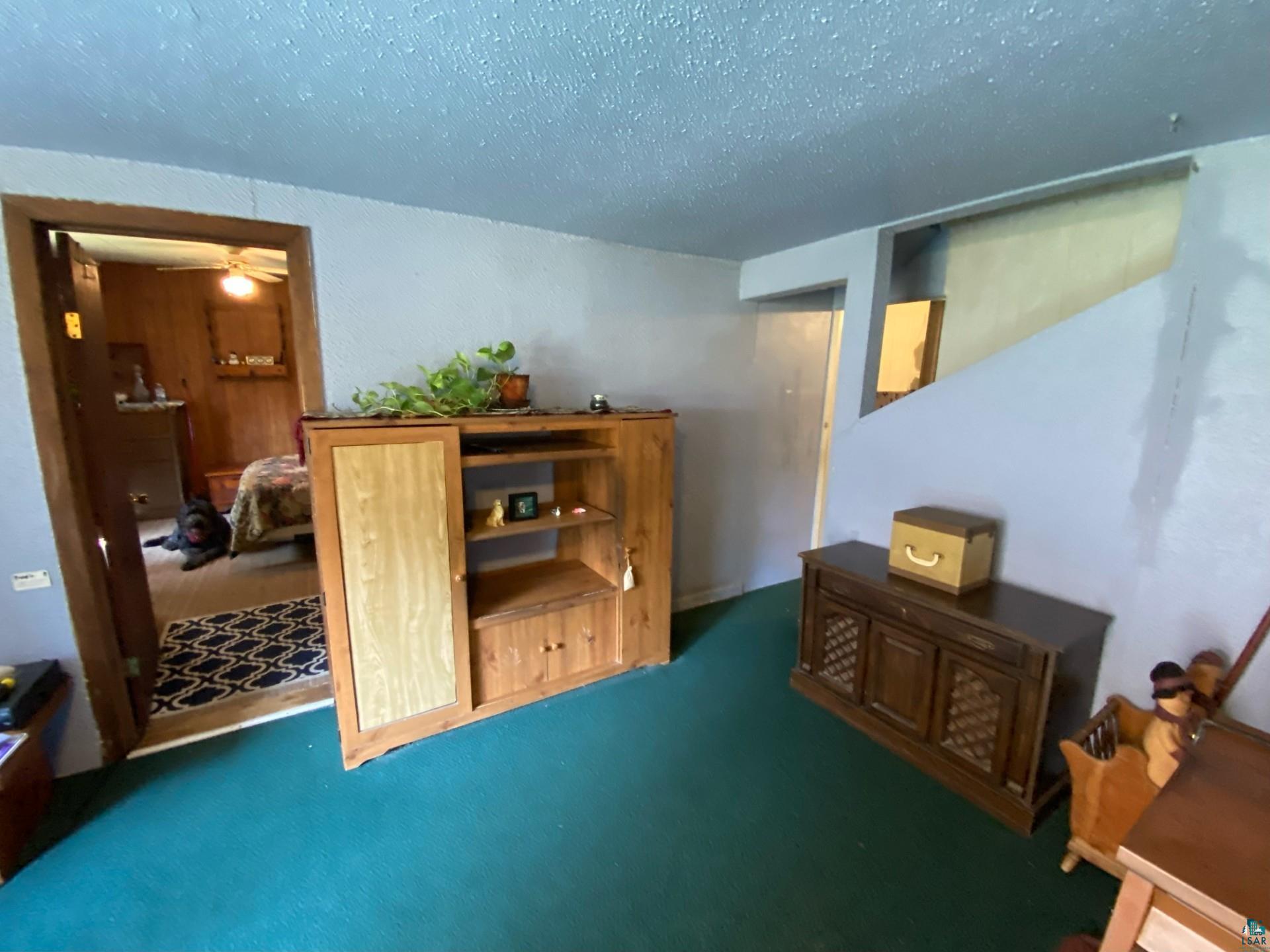 W6402 Old Bass Lake Road Minong, WI 54859 - Photo 11 of 18 Misc room featuring ceiling fan, a textured ceiling, and carpet floors