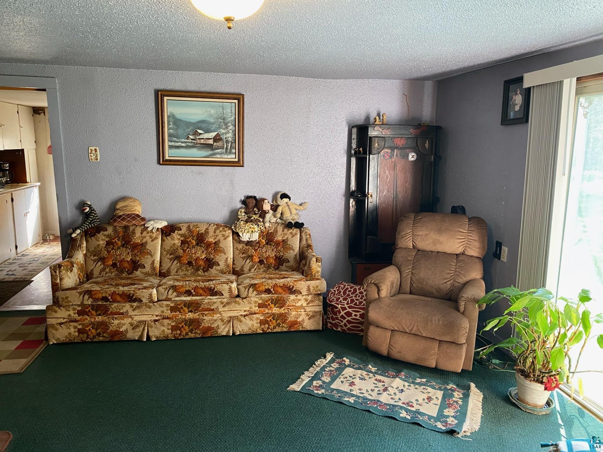 W6402 Old Bass Lake Road Minong, WI 54859 - Photo 7 of 18 Carpeted living room with a textured ceiling