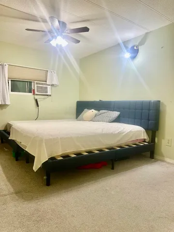 a bedroom with a bed and a ceiling fan