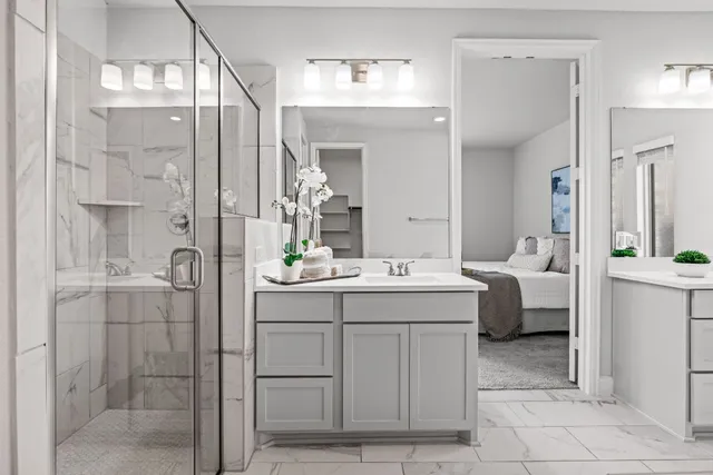 a bathroom with a double vanity sink mirror and shower