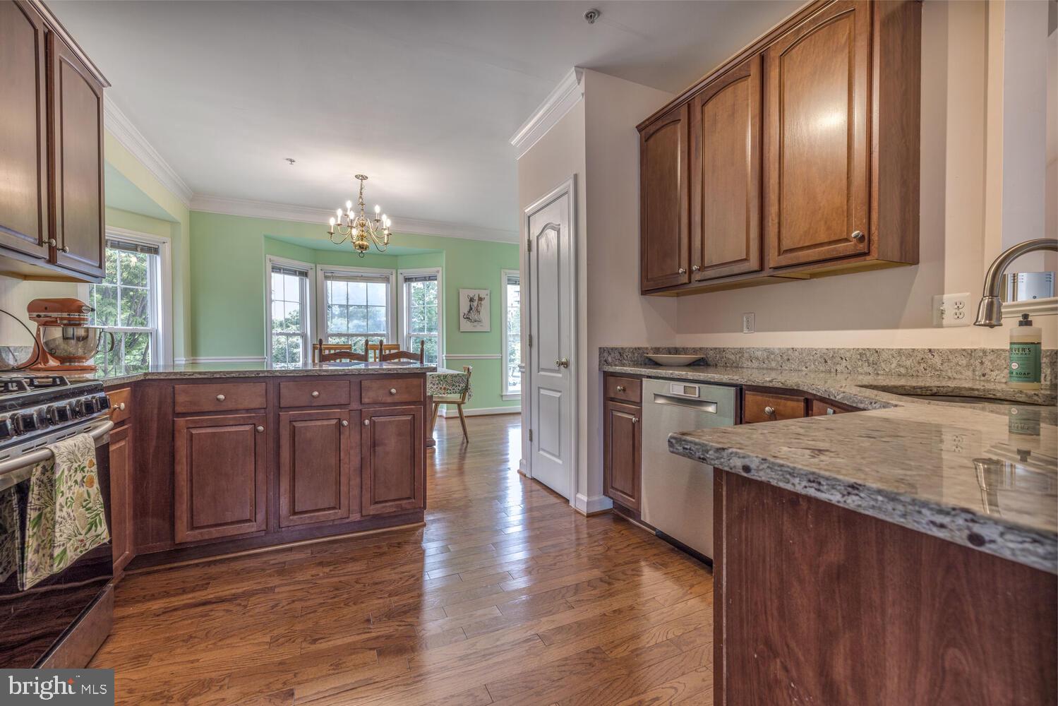 3334 Castle Ridge Circle, Unit 8 Silver Spring, MD 20904 - Photo 5 of 32 a kitchen with stainless steel appliances granite countertop a stove a sink dishwasher and wooden cabinets with wooden floor