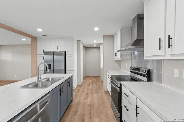 a close view of stove and microwave