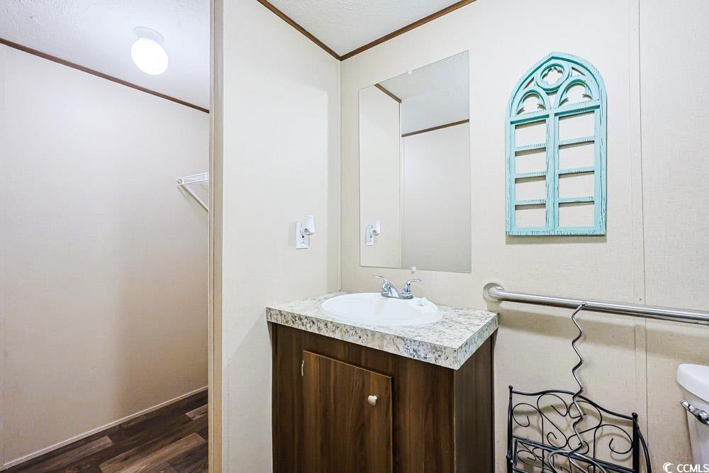 255 Quail Run Road Loris, SC 29569 - Photo 12 of 29 Bathroom with ornamental molding, vanity, and dark wood finished floors