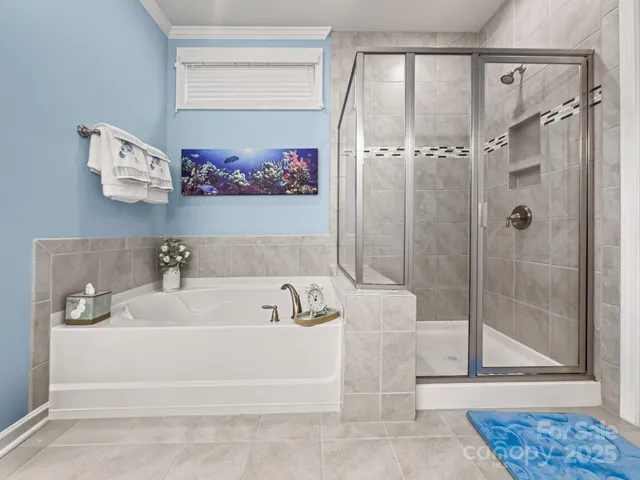 a bathroom with a bathtub and a shower