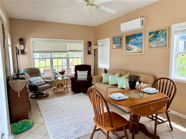 a view of a dining room with furniture