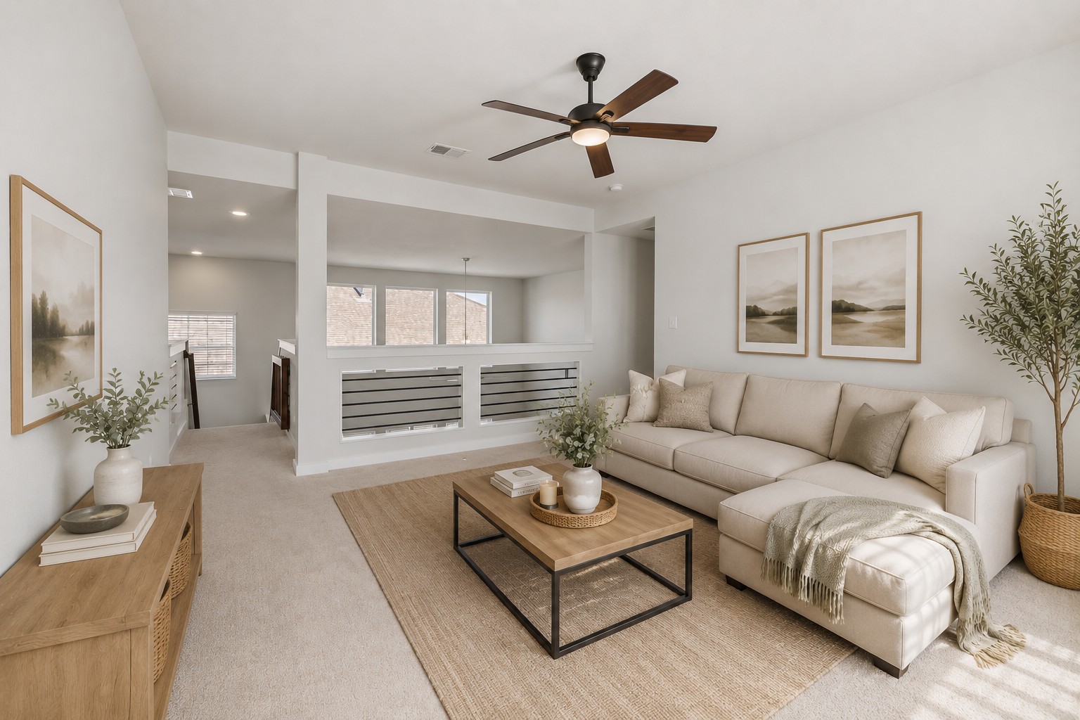 1027 Haystack New Braunfels, TX 78130 - Photo 9 of 15 A comfortable great room features a large sectional, modern ceiling fan, and ample natural light from upper windows. virtually staged