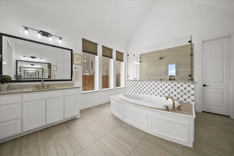 a bathroom with a bathtub sink and mirror