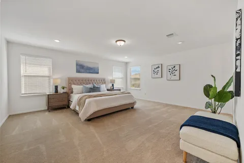 a bedroom with a bed plant and a couch