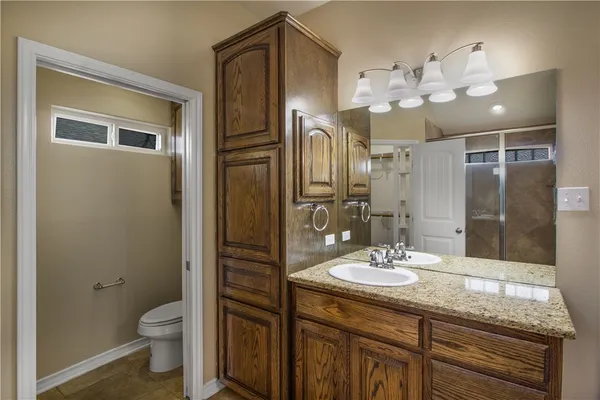 a bathroom with a granite countertop sink a toilet and shower