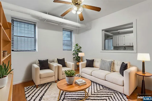 a living room with furniture and a potted plant