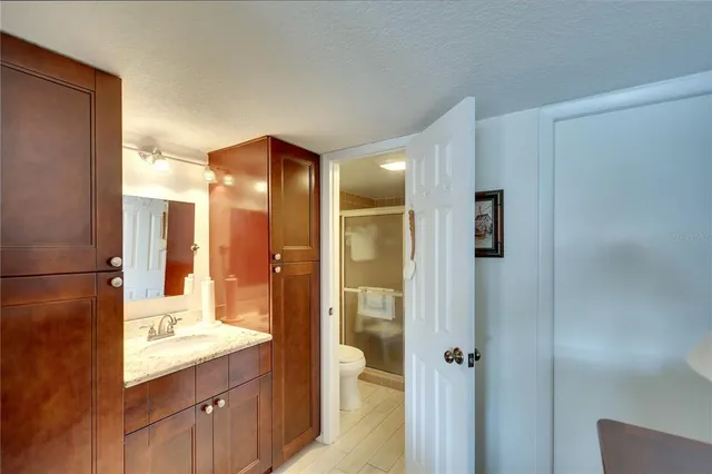 a bathroom with a granite countertop sink shower and a mirror