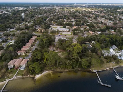 an aerial view of residential houses with outdoor space and trees