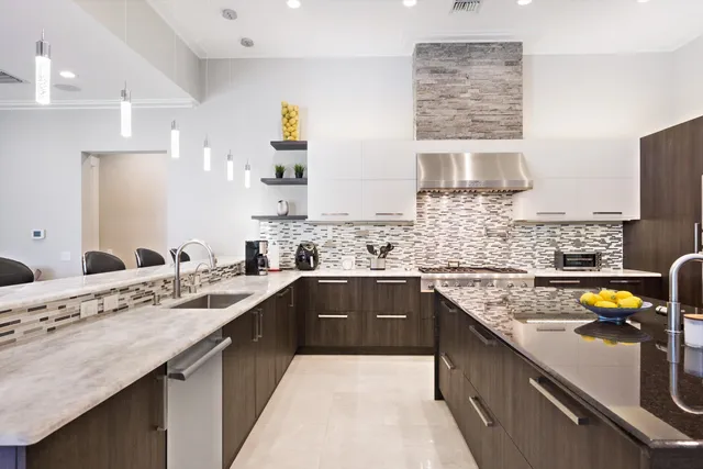 a kitchen with a sink stove and wooden cabinets