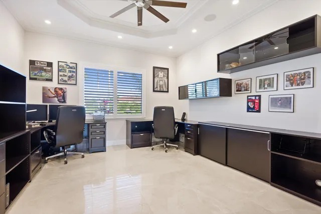 a workspace with cabinets