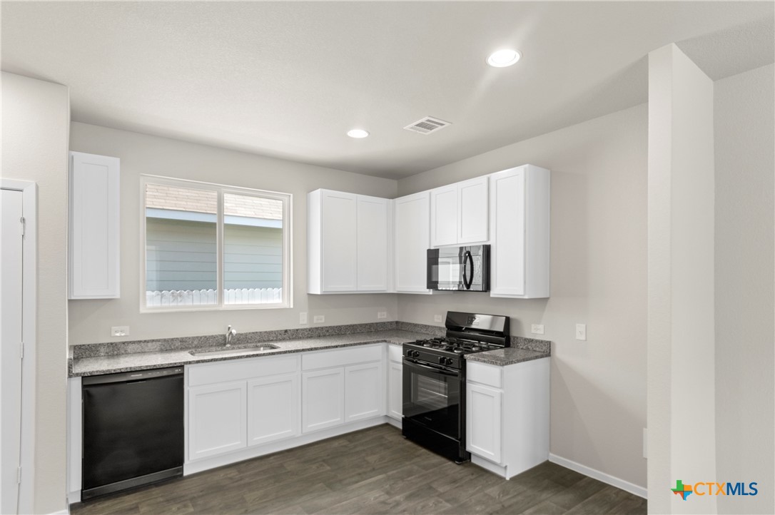 3035 Winding Creek Road Kyle, TX 78640 - Photo 2 of 38 a kitchen with granite countertop a sink cabinets and stainless steel appliances