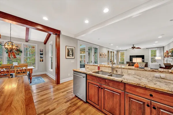 a view of a deck with furniture