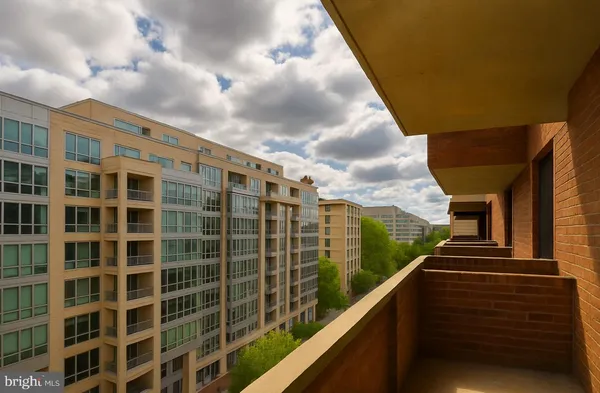 a view of a building from a balcony