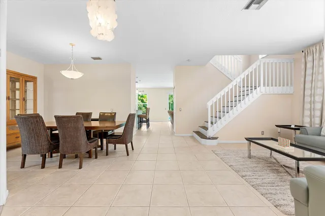 a view of a dining room with furniture