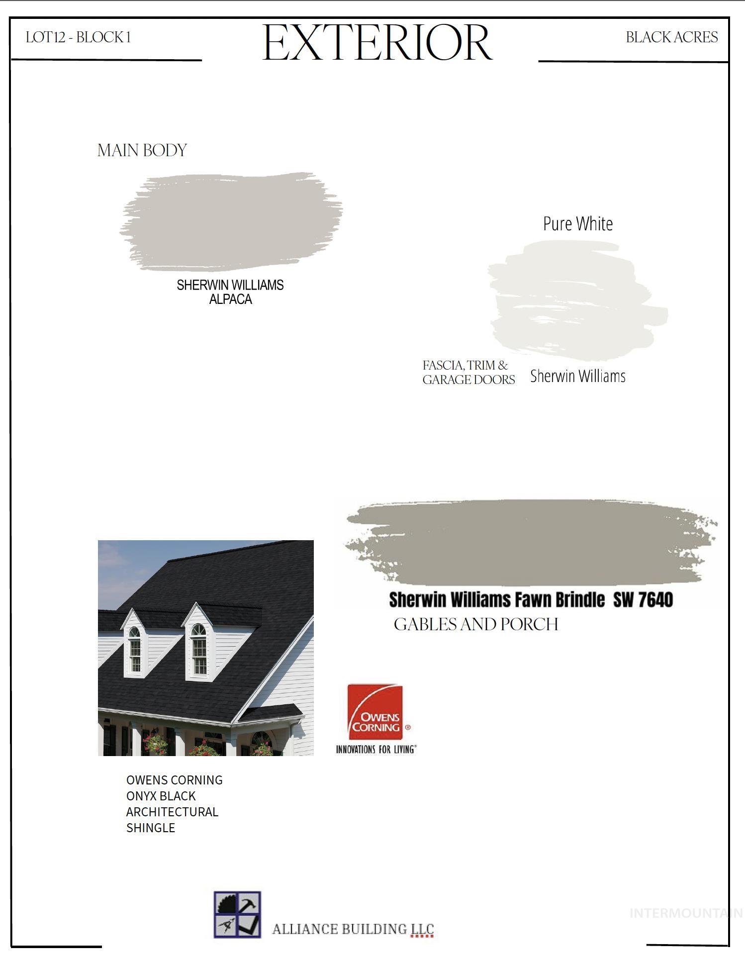12124 October Glory Street Middleton, ID 83644 - Photo 11 of 22 Exterior Finishes Specification. Detailing the color palette and material selections for the property's exterior elements