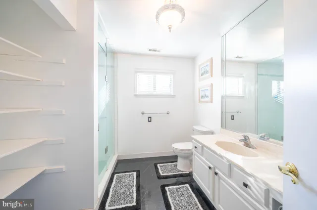 a bathroom with a double vanity sink a toilet and a mirror