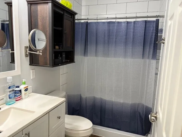 a bathroom with a sink a toilet and shower