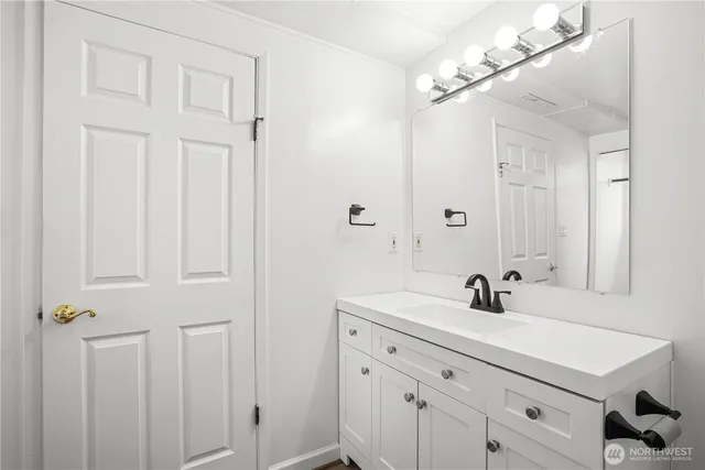 a bathroom with a sink vanity and a mirror