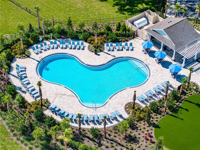 an aerial view of a swimming pool and outdoor space