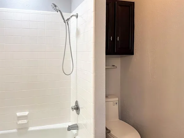 a bathroom with a toilet and a shower