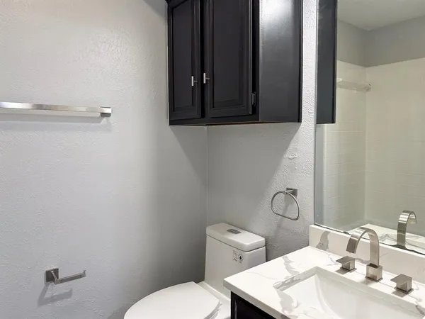a bathroom with a sink a toilet and mirror