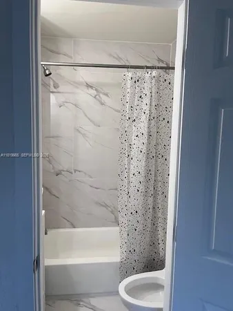 a bathroom with a shower and a toilet