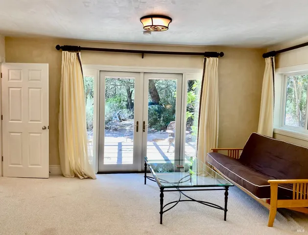 a view of a backyard with plants and a patio