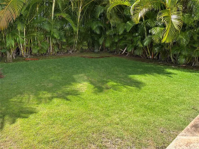 a garden with trees in front of it