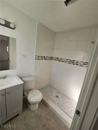 a bathroom with a sink a toilet a shower and a mirror