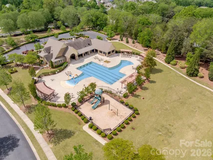 an aerial view of a swimming pool