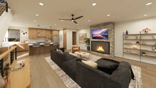 a living room with furniture and a fireplace