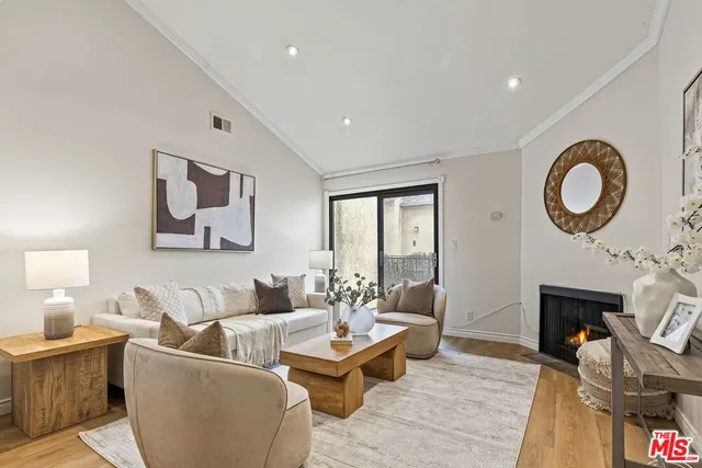 a living room with furniture a fireplace and a potted plant